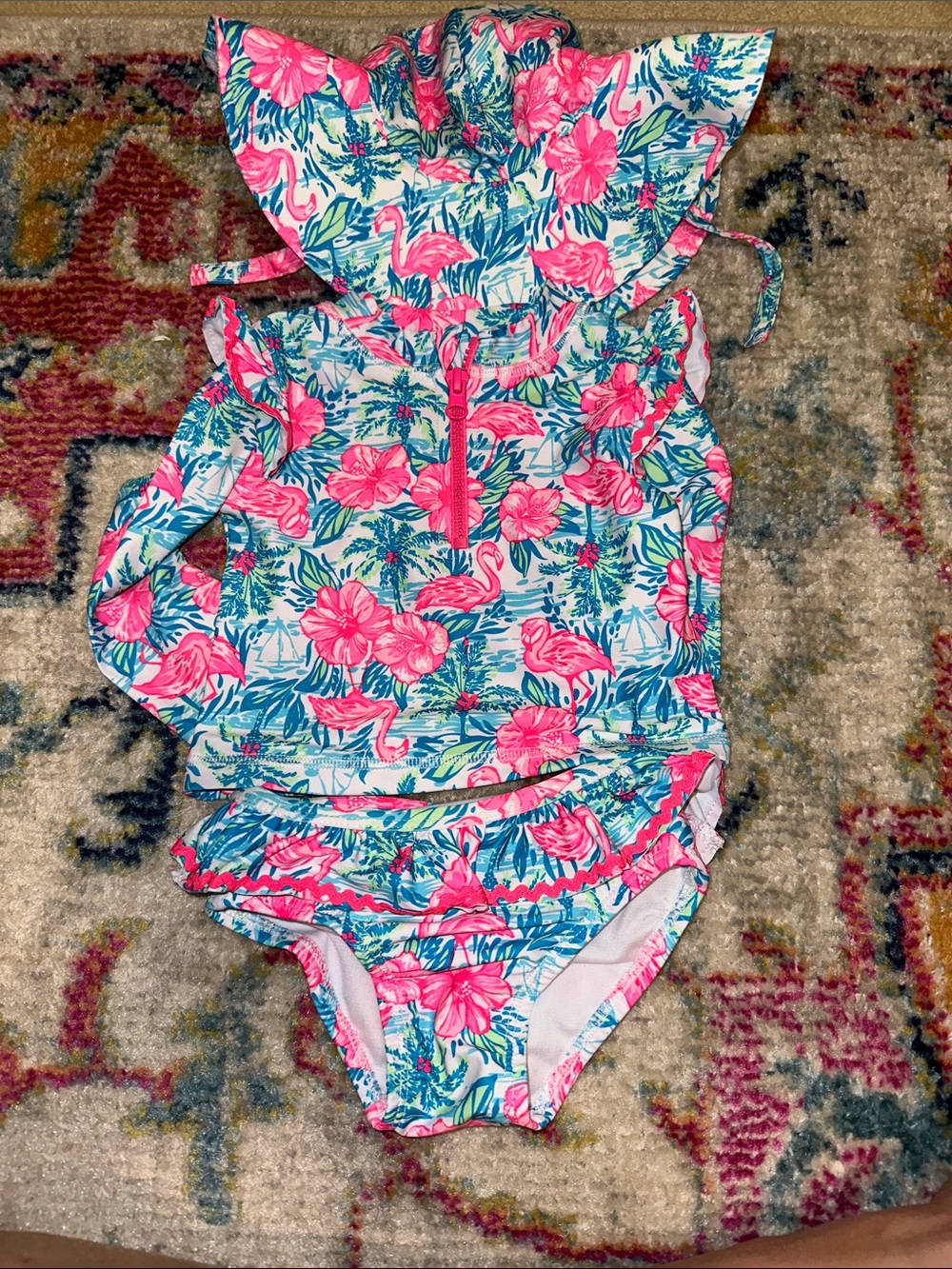 12 month Tommy Bahama Pink & Blue Flamingo Ruffle Rashguard 2 piece + hat